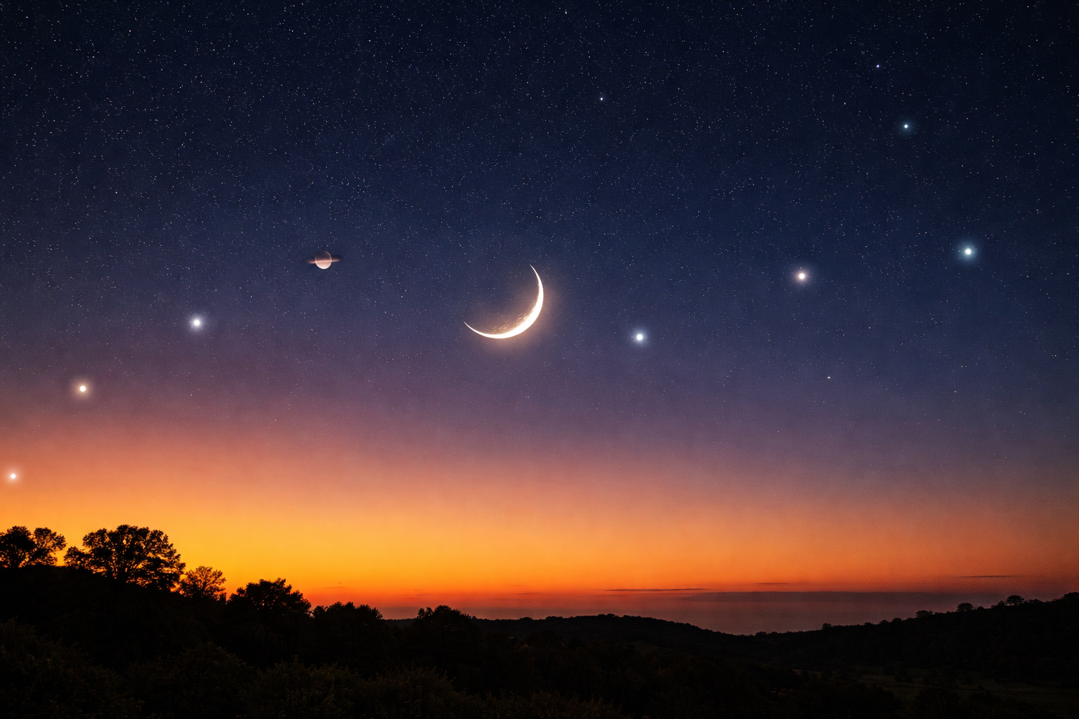Six planets and moon alignment